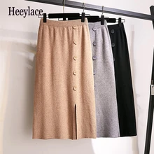 Повседневная Однотонная юбка миди на пуговицах размера плюс, Женская осенне-зимняя теплая элегантная эластичная юбка-карандаш с высокой талией