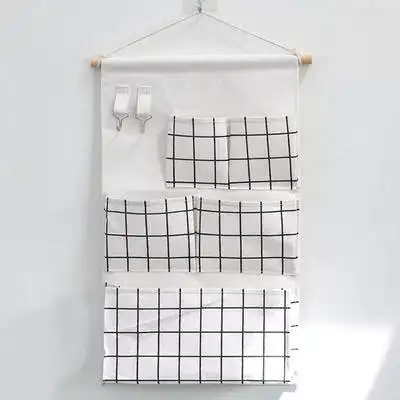 5 Pockets Cotton Linen Fabric Wall Door Hanging Bag Organizer Storage Pouches Wardrobe Closet Storage Bag Sundries Pouches white