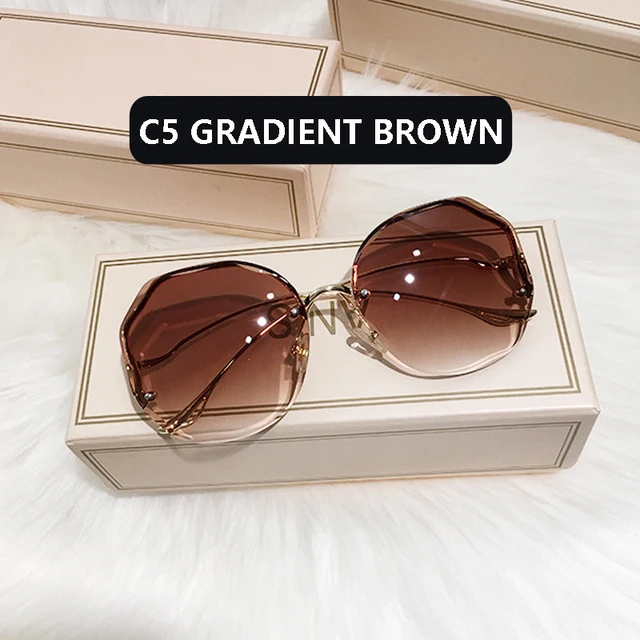 2021 Fashion Tea Gradient Sunglasses Women Ocean Water Cut Trimmed Lens Metal Curved Temples Sun Glasses Female UV400 C5