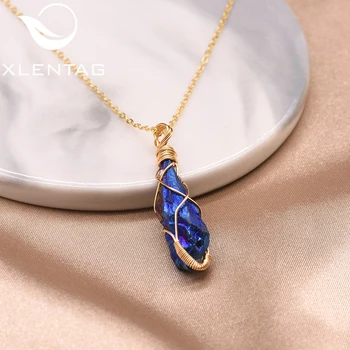 

XlentAg Natural Stone Pendant Double Statement Couple Necklaces Women Blue Crystal Best Friends Pendant Hip Hop Jewerly GN0140C