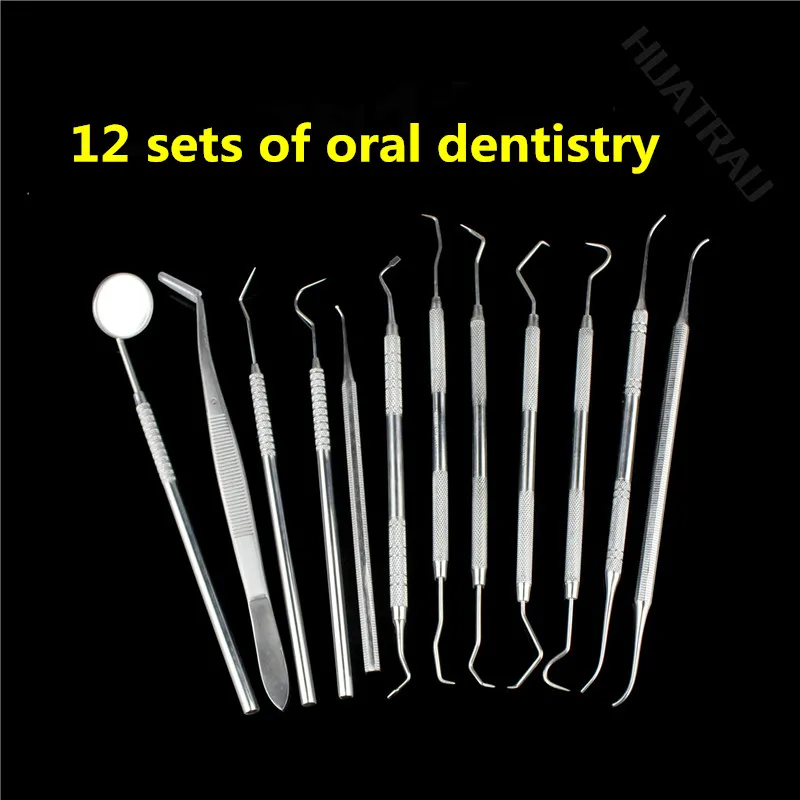 

Oral Dental Material 12 pc of Medical Oral Mirror Tweezers Probe Cleaning Hook Water Gate Filler tool plaque Cleaner Pick teeth