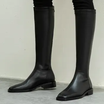 

Women Genuine Leather Square Heels Knee High Boots Square Toe Zip Autumn Winter Fashion Zip Black Flock Black Cowhide Boots 2020