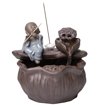 

Little Monk Water Fountain Feng Shui Ornament Home Decor Lotus Incense Stick Holder Office Humidifier Waterscape Wedding Gift