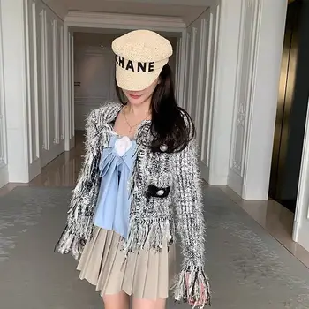 

High Quality 2020 Spring Autumn New Runway Fashion Jackets Tweed Long Sleeves Hot Sale Women Korea Tassel Ladies Black Jackets