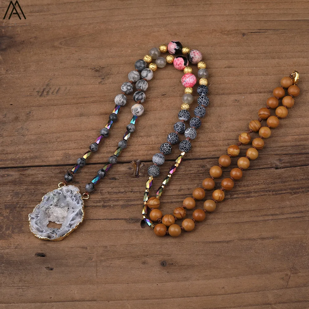 

Freeform Slab Druzy Agates Pendant 8mm Natural Black Craked Agates Beads Cord Knotted Handmade Necklace Long 32 Inch N0419AMCJ