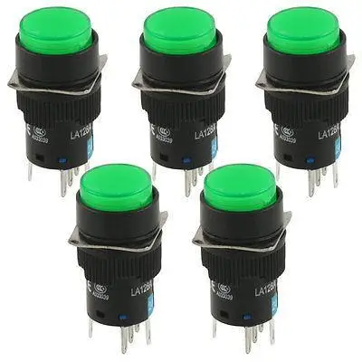 

5 Pcs DC 24V Green Lamp 1NO 1NC Round Momentary Push Button Switch