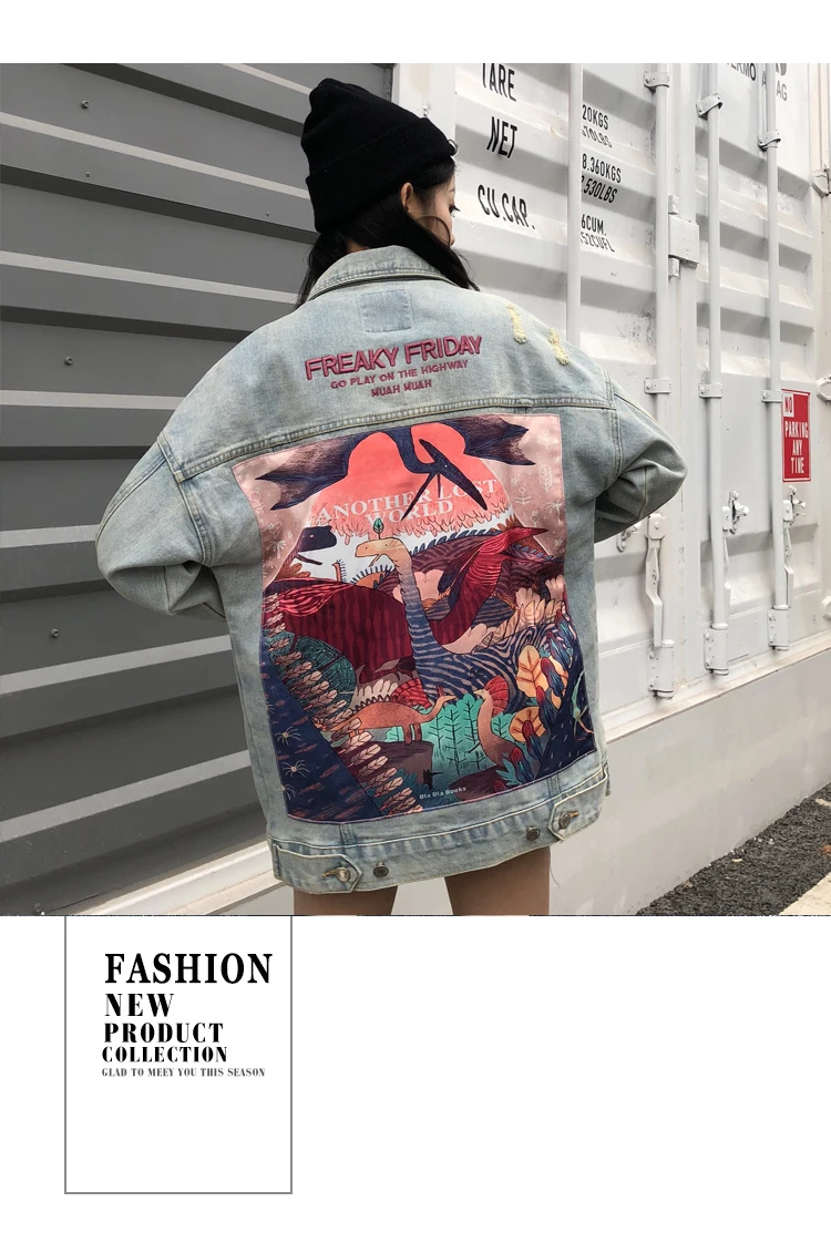 Новая Осенняя ВИНТАЖНАЯ ДЖИНСОВАЯ КУРТКА средней длины с принтом динозавров из мультфильма для женщин, уличная куртка в стиле панк, рваная джинсовая куртка Casaco Femme Surcoat