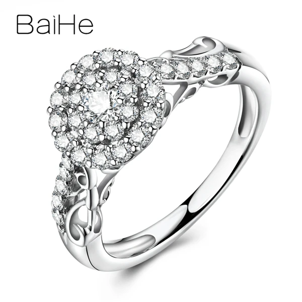 White Gold BAIHE, 18 К, белое золото, всего 0,52ct, сертифицировано H/SI, Круглый, с натуральными бриллиантами, для свадьбы, для женщин, модное, хорошее ювелирное изделие, подарок, роскошное кольцо - Цвет камня: White Gold