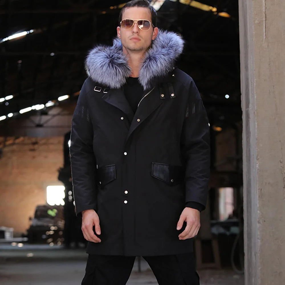 SANI камуфляжные меховые парки подкладка из кроличьего меха натуральная черно-бурая лиса мех с капюшоном натуральный мех одежда мужская зимняя теплая меховая куртка - Цвет: 69142 Black
