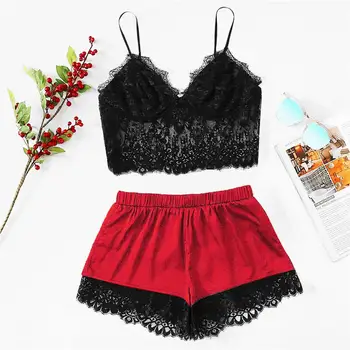 

Fashion 2020 Womens Sexy Plus Size Sling Sleepwear Lingerie Lace Patchwork Nightwear Underwear Set Boyshort пижама женская 50**