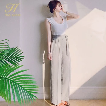 

H Han Queen New Occupation 2 Pieces Set Women O-neck Backless Crop Top And Lace-up Long Pants Korean Simple Casual Work Sets