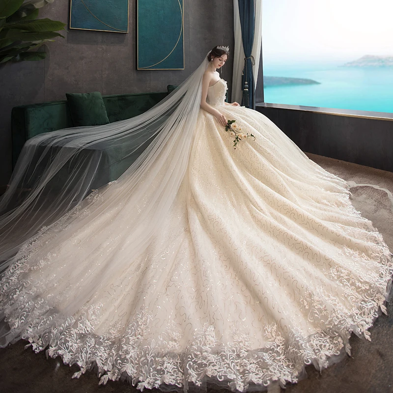 US $45.84 Lamya 2020 New Long Court Train Muslim Lace Wedding Gowns Bridal Dress Dubai Pearl Beads Flowers Ball Gown Wedding Dresses