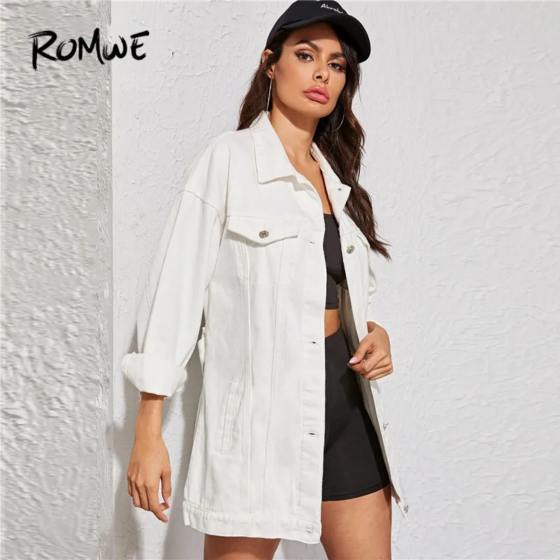 ROMWE White Wash Belted Longline Jean Jacket Coat Women Autumn Spring Solid Boylish Streetwear Long Sleeve Denim Long Jacket Top