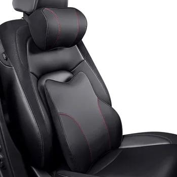

2 Pcs Car Pillow Auto Neck Pillow Headrest Back Support Lumbar Cushion Pillow Memory Cotton PU Leather Set Business Style