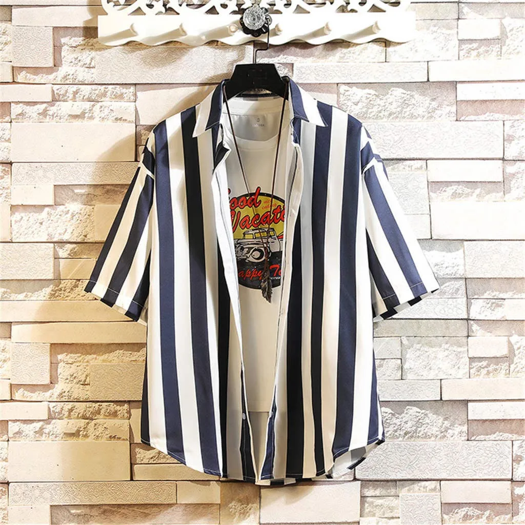 Черный Camisa Masculina мужская летняя Свободная Повседневная полосатая рубашка с коротким рукавом Повседневная Блузка - Цвет: Черный
