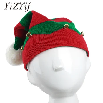

Xmas Christmas Hat for Kids Children Toddlers Contrast Color Warm Christmas Knitted Hat with Small Bells White Pompom Xmas Gift