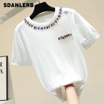 

Handmade Diamond Beaded White Knitted Fabric Tshirt Women Loose Short Sleeve T-shirt Female Summer Top Harajuku Ropa Mujer