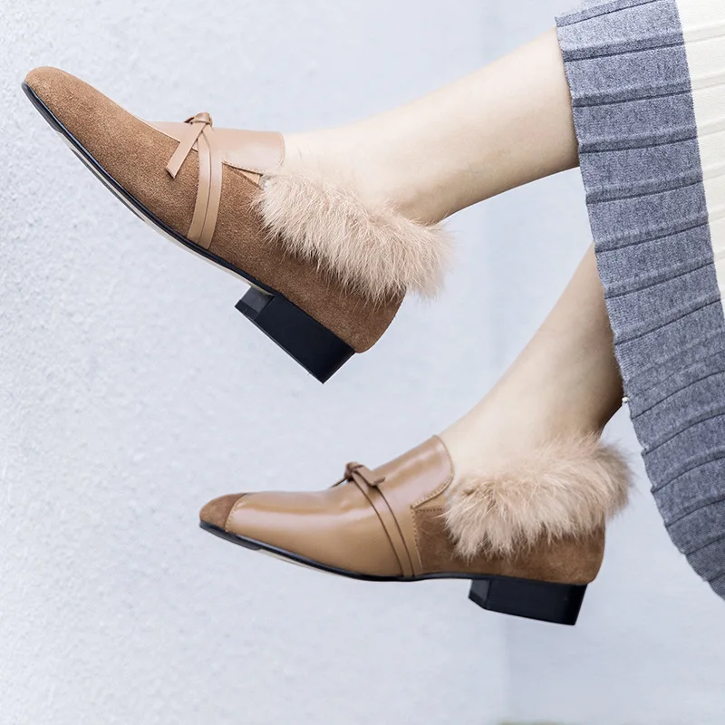 

2019 Autumn And Winter New Style Furry Shoe Women's Outer Wear Love round-Toe Rabbit Fur Genuine Leather Low Heel Warm Shoes Wom