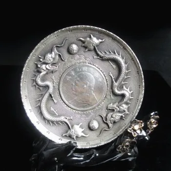 

Collectible Decorate Old Tibet Silver China double dragon ball Coin Plate