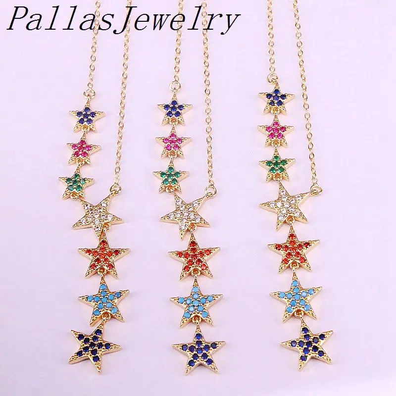 

6Pcs 2019 MICRO Pave colorful cz star sparking bling charm rainbow zirconia star link chain Y shape Gold necklace for women