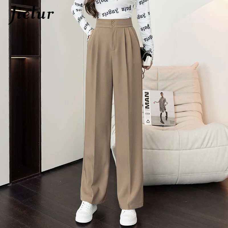 

Jielur Fashion Office Lady Trousers Female Casual Buttons Women Pants Spring Autumn Pocket High Waist Loose Straight Pants S-XXL