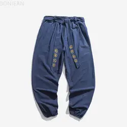 Bonjean pantalones hombre китайский стиль, льняные брюки, брюки Harun, тонкие повседневные брюки с вышивкой, мужские тренировочные брюки