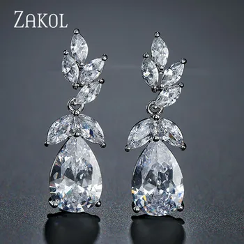 

ZAKOL Elegant Golden Branch Pendant Earrings Water Drop Bridal Wedding Party Crystal Zircon JewelryGift For Girlfeiend FSEP2215