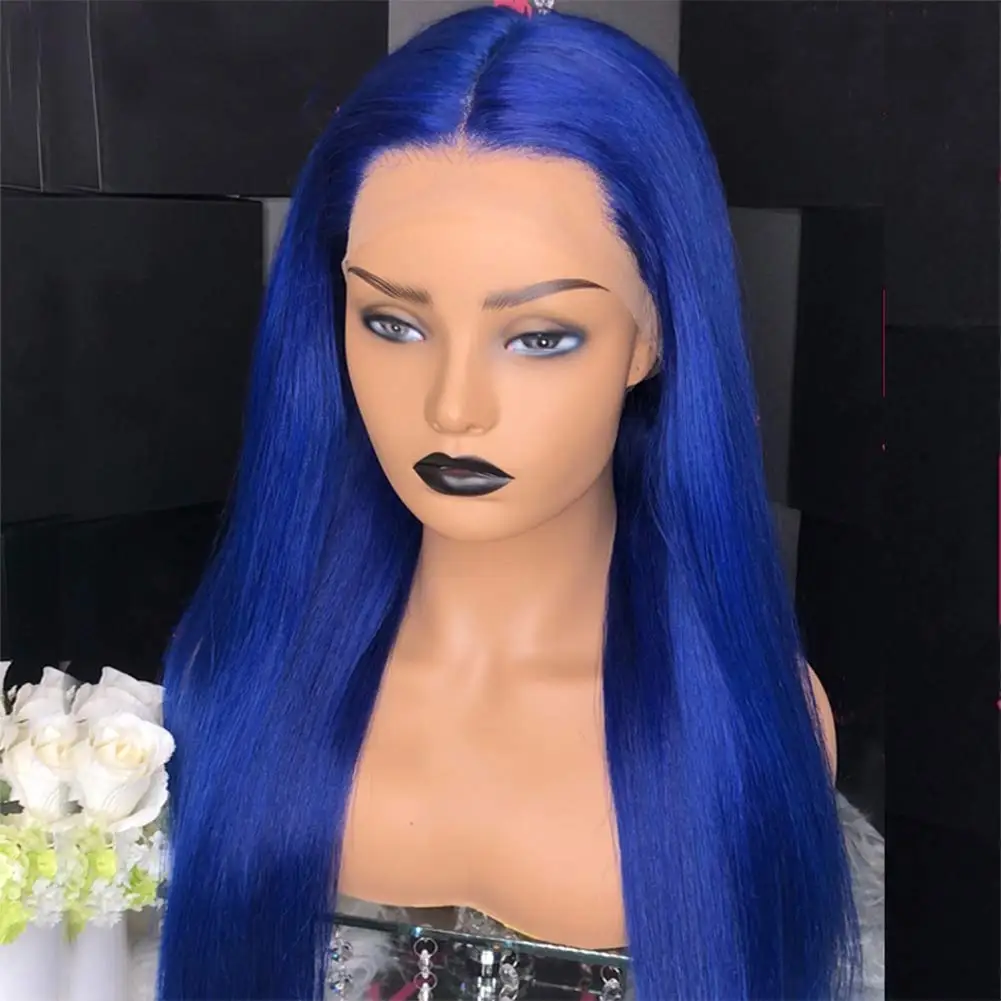 DLME Long Straight Light Blue Frontal Lace Wig With Natural Hairline