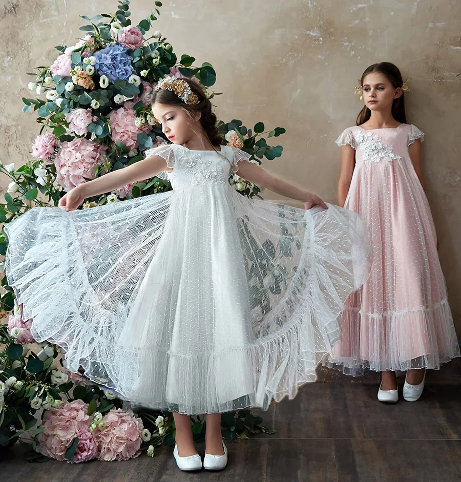 

Elegant Flower Girls Dresses Sleeveless Lace Applique With Princess Birthday Prom Gown First Communion Dresses