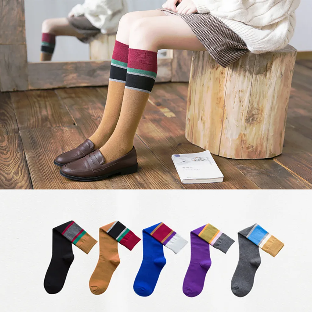 JAYCOSIN Women Harajuku Skateboard Socks Patchwork College Style Knee Socks Fashion Striped Casual Cotton Over Knee Socks Nov08
