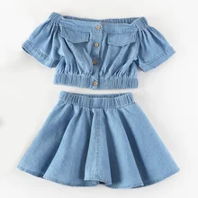 Ensemble de vêtements d'été pour filles, ensemble en Denim, haut et jupe, 2 pièces