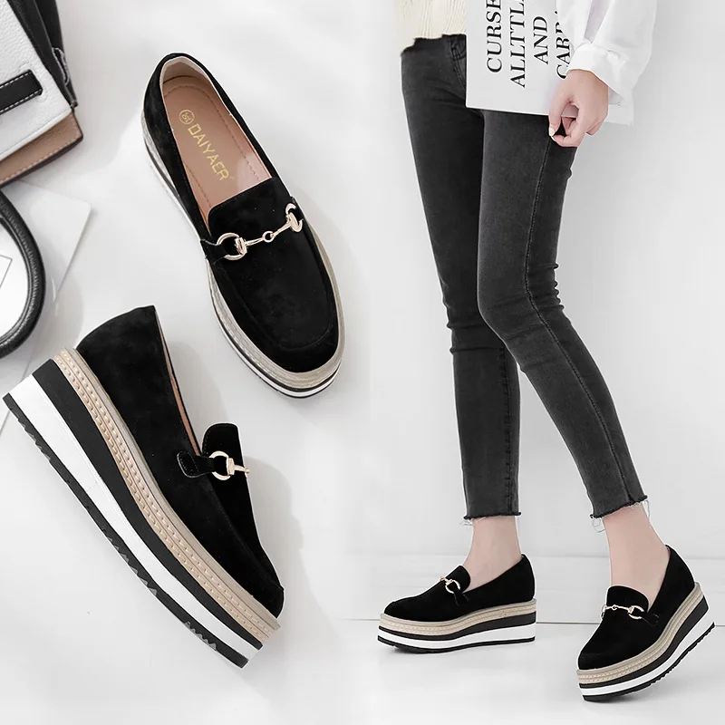 

Autumn New Style Versatile Stripes Thick Bottomed Platform Shoes Women's round-Toe Foot Covering Slanted Heel Shoes Elevator Sho