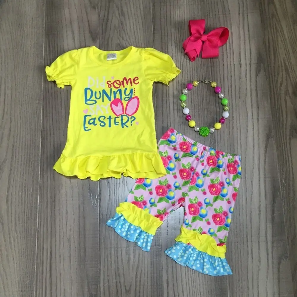 

baby girls Easter outfits girls yellow shirt with floral capri pant girls outfit with accessories