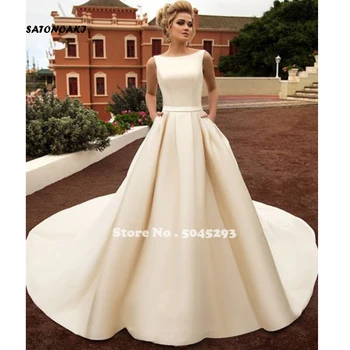 

SATONOAKI A-Line Cathedral Train With Bow Wedding Dress White Ivory Sleeveless Backless With Button Pocket Sashes Bride Wedding