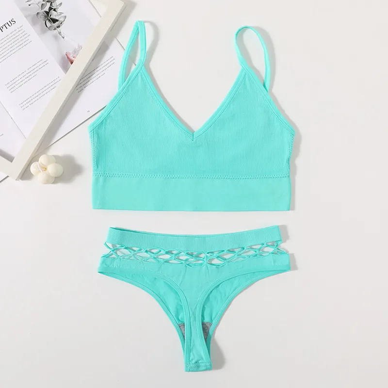 plus size bra and panty sets Women Seamless Bra Set U Back Bra Crop Top Lingerie Set Wirefree Sexy Underwear Rib Fitness Top Hollow Low Rise Cotton Thongs lace bra and panty sets