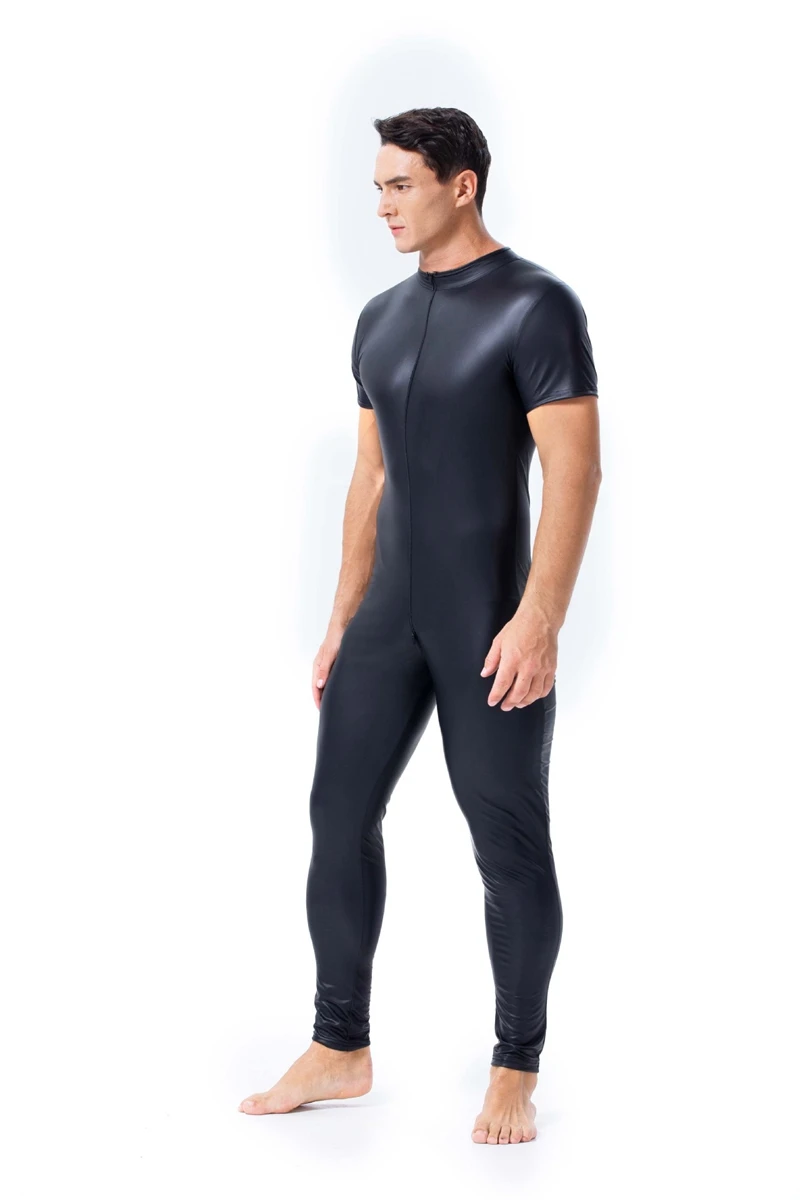 Men wetlook Faux Leather Double zipper Open Crotch pvc lingerie bodysuit gay Hot Lingerie Latex Catsuit Fetish Wear Sexy Costume