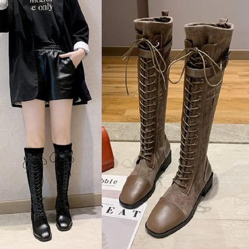 2019 winter new women's fashion boots comfortable warm plus velvet front lace up high tube square toe non-slip women's boots