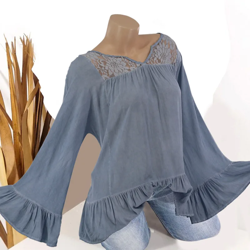 Плюс размер 4xl 5xl Кружева сращивания женские новые осенние Boho твердые черные топы длинный рукав "Бабочка" Женская футболка Повседневная футболка - Цвет: Blue