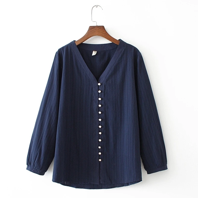 

Plus six women Long Mouwen Blouse Full Cato V -neck Officer's blouse Finger buttons Tops