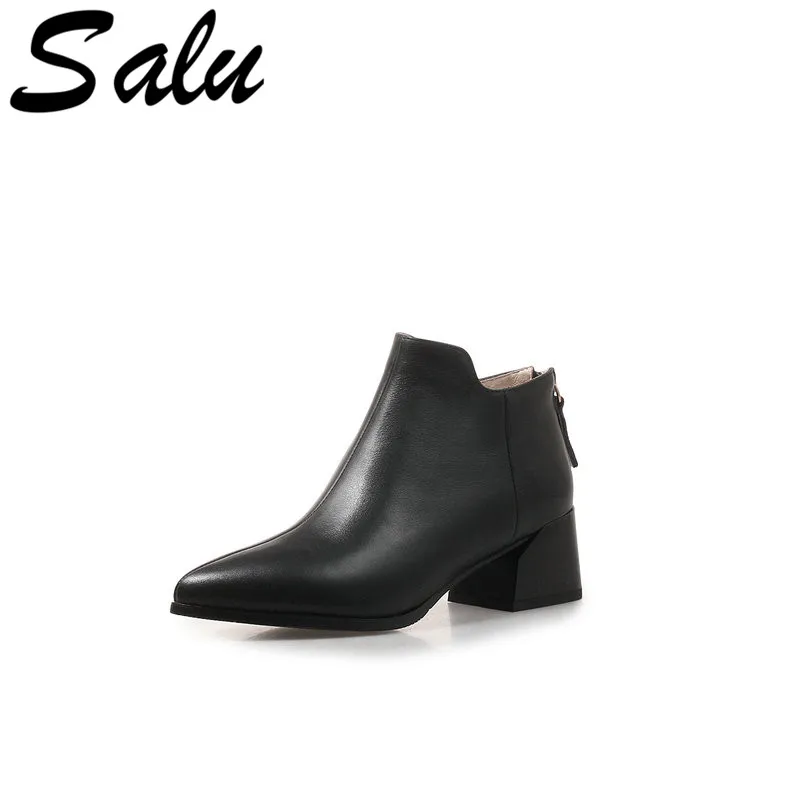 

Salu Fashion Women Ankle Boots Genuine Leather Autumn Winter Warm High Heels Shoes Woman Party Punk Brand Ladies Boots