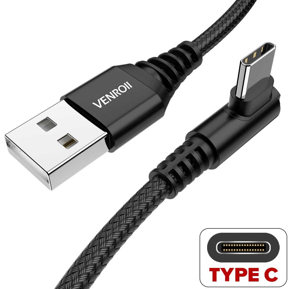 Venroii Cable USB Type C for Samsung Galaxy S10 S9 S8 Plus Fast Charging Type-C Cable for Xiaomi Mi 8 9 Oneplus 6 Android Phone - Цвет: Black 90 Degree