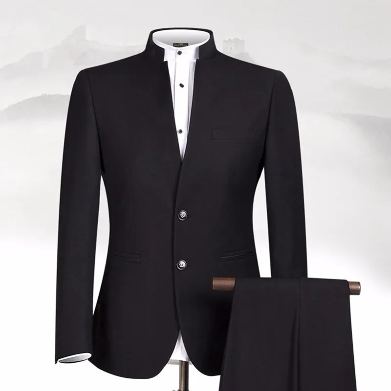 

New Design Black Men Suits Stand Collar Classic Suit Business Wear Custom Made Formal Male Suit (jacket+pant)