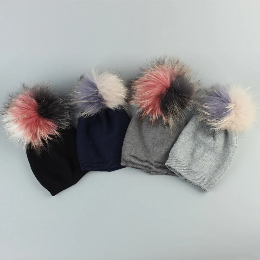 Newborn Girls Boys Kids Warm Plain Cotton Skullies Beanie Baby Cashmere Beanies Hats with Patchwork Raccoon Pompom for Kids