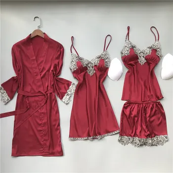

Summer Women Satin Silky Pajamas Set Casual 4 PCS Sleepwear Female Nightwear Spaghetti Strap Sleep Lounge Chest Pads