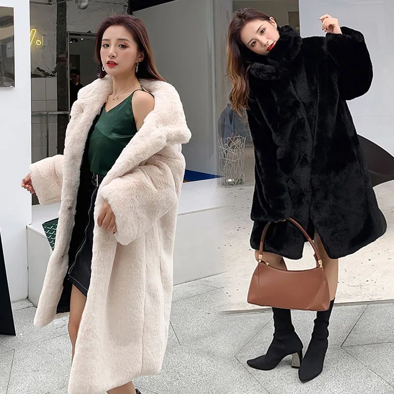 

2019 Winter Faux Fur Mink Nap Plush Long-cut Coat Stand Collar over-the-Knee Thick Loose-Fit Coat Women's