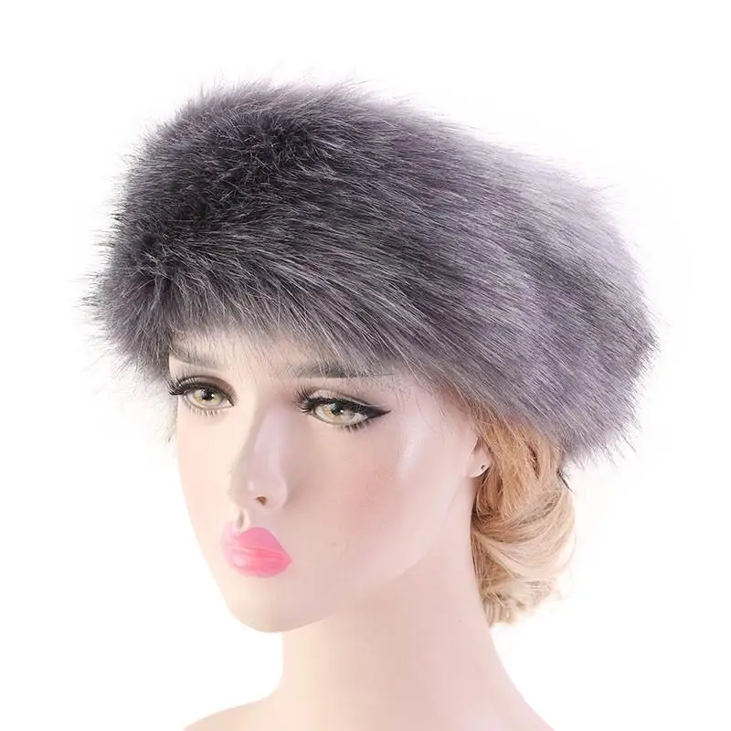 New Russian Style Fox Faux Fur Turban Cap Women Winter Earwarmer Earmuff Hat Ski Hat Fluffy Snow Cap Hairband Outdoor Ski Hats - Цвет: Серый