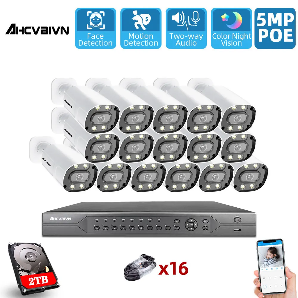 

16CH 5MP POE NVR Kit Outdoor 8CH CCTV Security Camera System Two-way Audio POE IP Bullet Camera Video Surveillance Set XMEYE