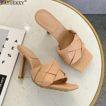 

FAYUEKEY New Mules Women Slipper 2020 Summer Square Toe High Heel Ladies Sandal Weave High Quality Stiletto Dress Shoes Slides