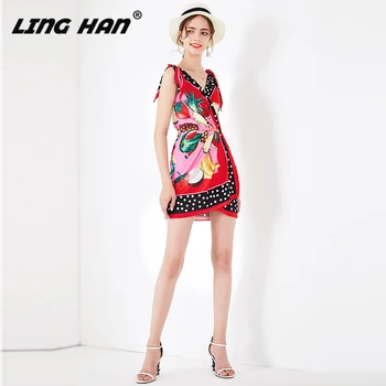 

LINGHAN Vacation pineapple Print Mini Dress Patchwork fashion Dot Patchwork V-Neck Dresses Designer Spring Summer New
