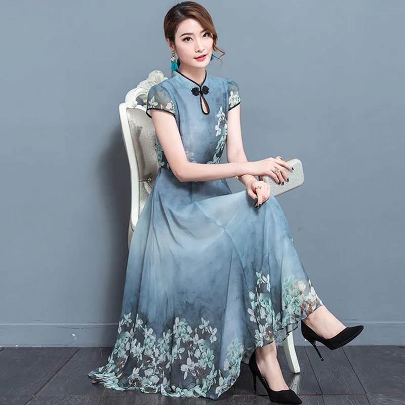 

Vestido Se Festa Slim Vestidos Vintage Female Summer Dresses For Women Plus Size Blue Floral Dress Chiffon FYY526